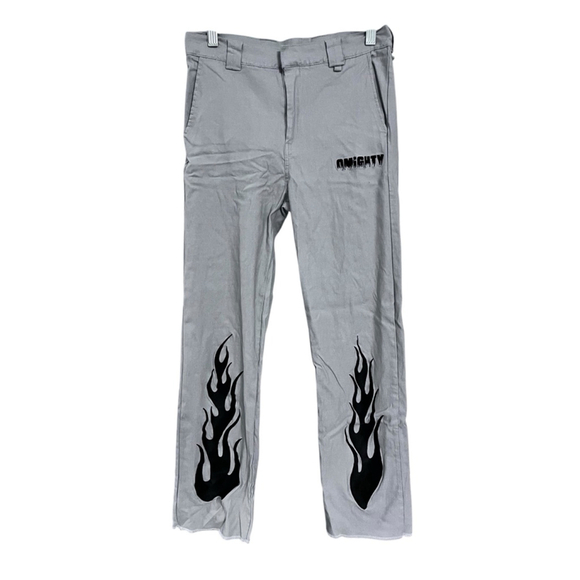 Omighty Embroidered Flame Gray 90's Style Pants Size Large Stretch Rave Casual - Picture 1 of 7